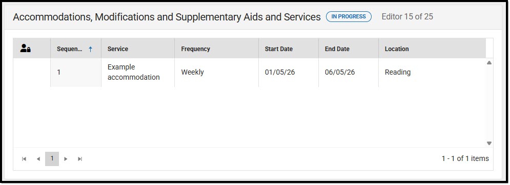 Screenshot of the Accommodations, Modifications and Supplementary Aids and Services List Screen.
