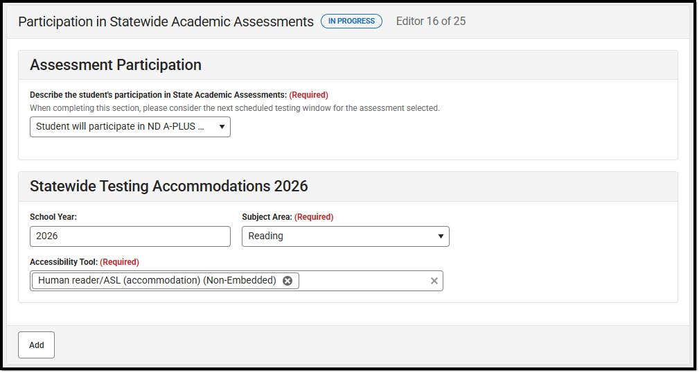 Screenshot of the Participation in Statewide Academic Assessments Editor.
