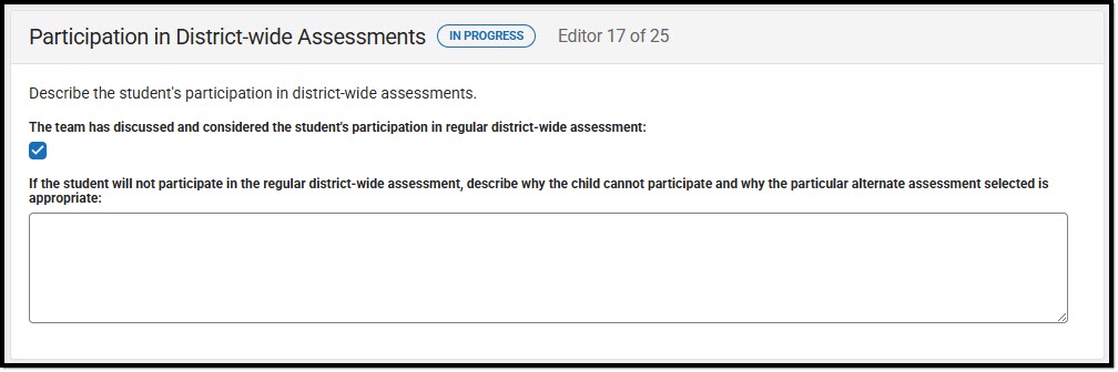 Screenshot of the ND IEP Participation in District-wide Assessments Editor.