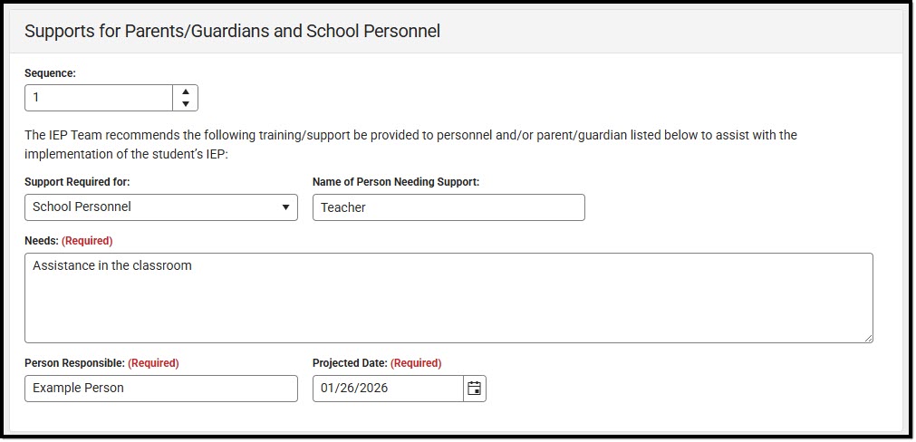 Screenshot of the Supports for Parents/Guardians and School Personnel Detail Screen.