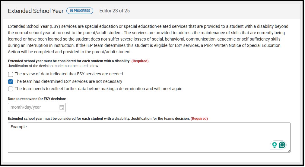 Screenshot of the Extended School Year Editor.