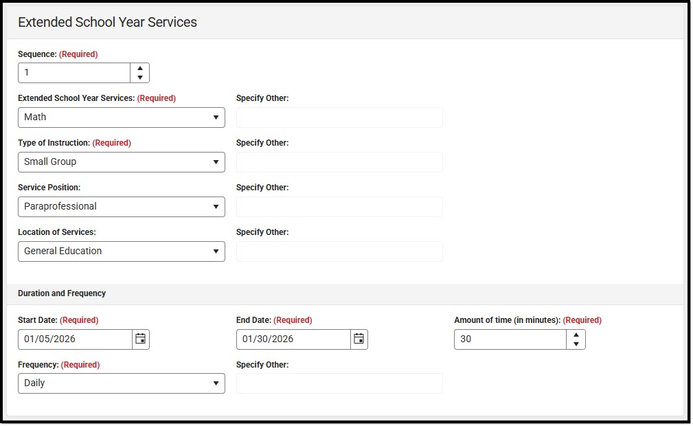 Screenshot of the Extended School Year Services Detail Screen.