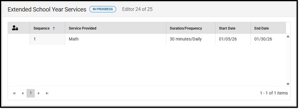Screenshot of the Extended School Year Services List Screen.