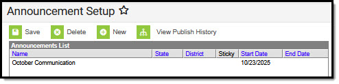 Screenshot of Announcements List in Announcement Setup for State Edition.
