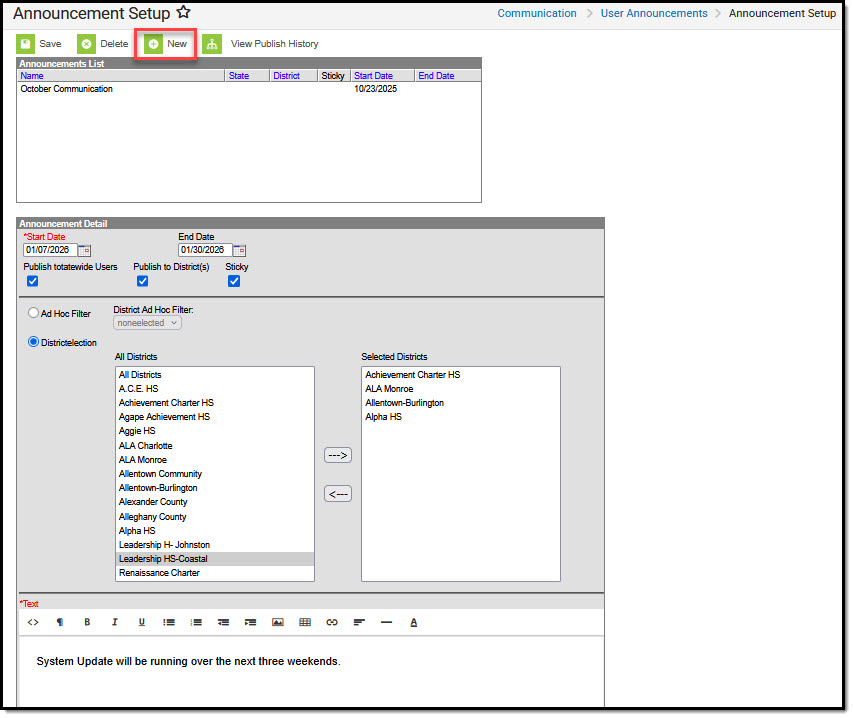 Screenshot of the Announcment Detail editor for State Edition announcments.