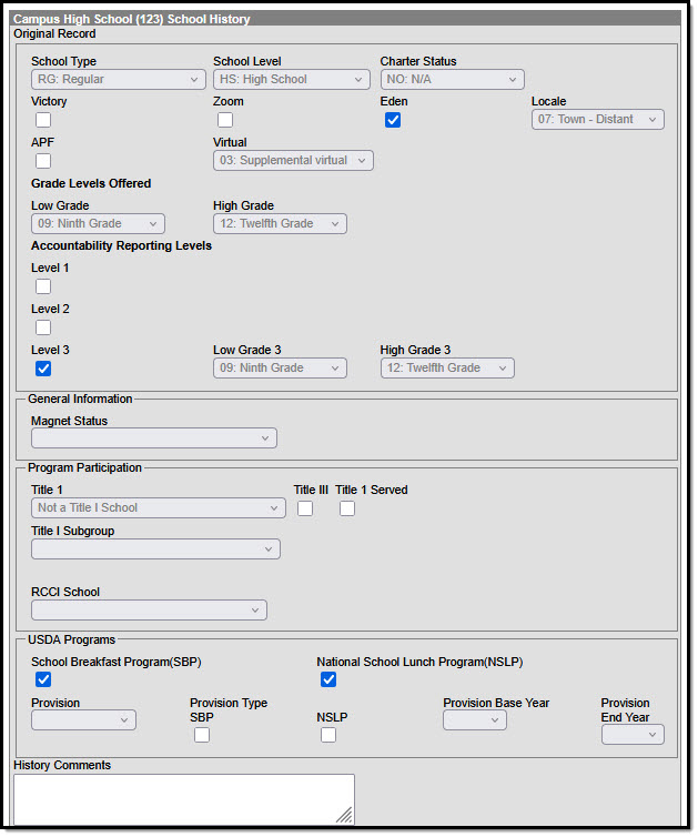 Screenshot of the Nevada school history editor.