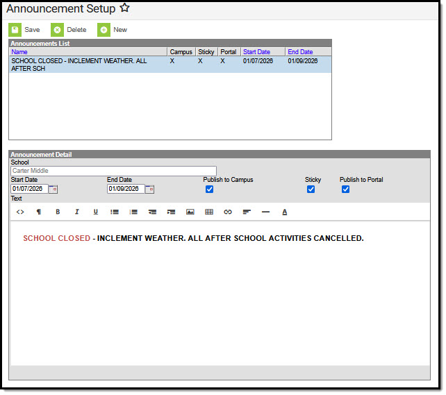 Screenshot of Announcment Setup tool - District Edition