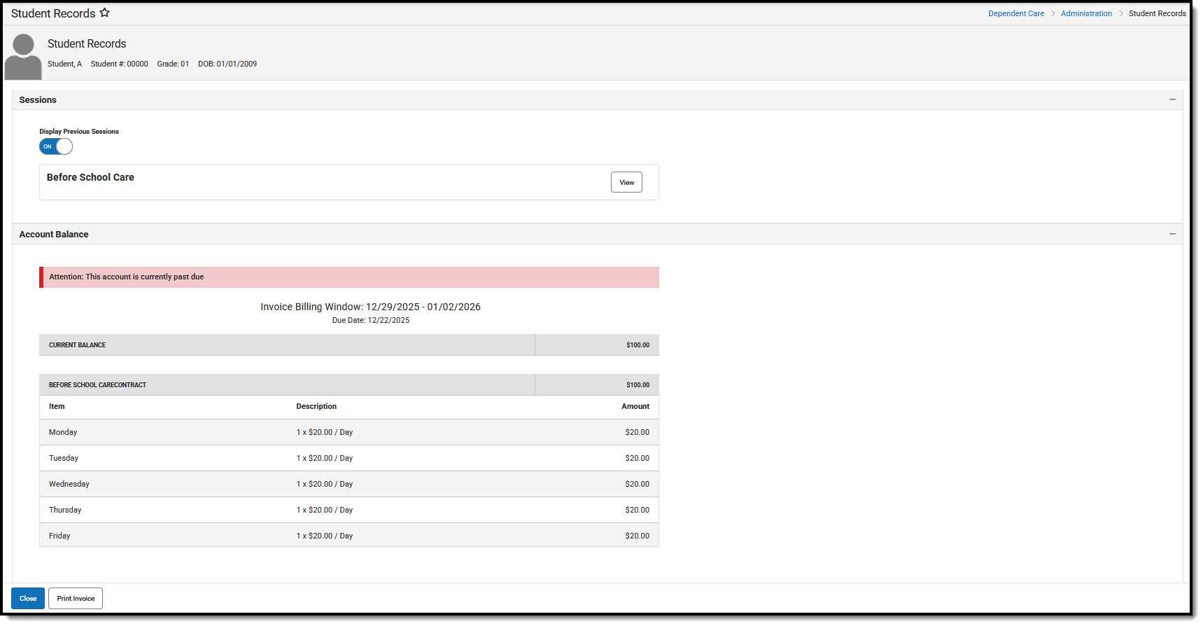 Screenshot of the Dependent Care Student Records screen. 