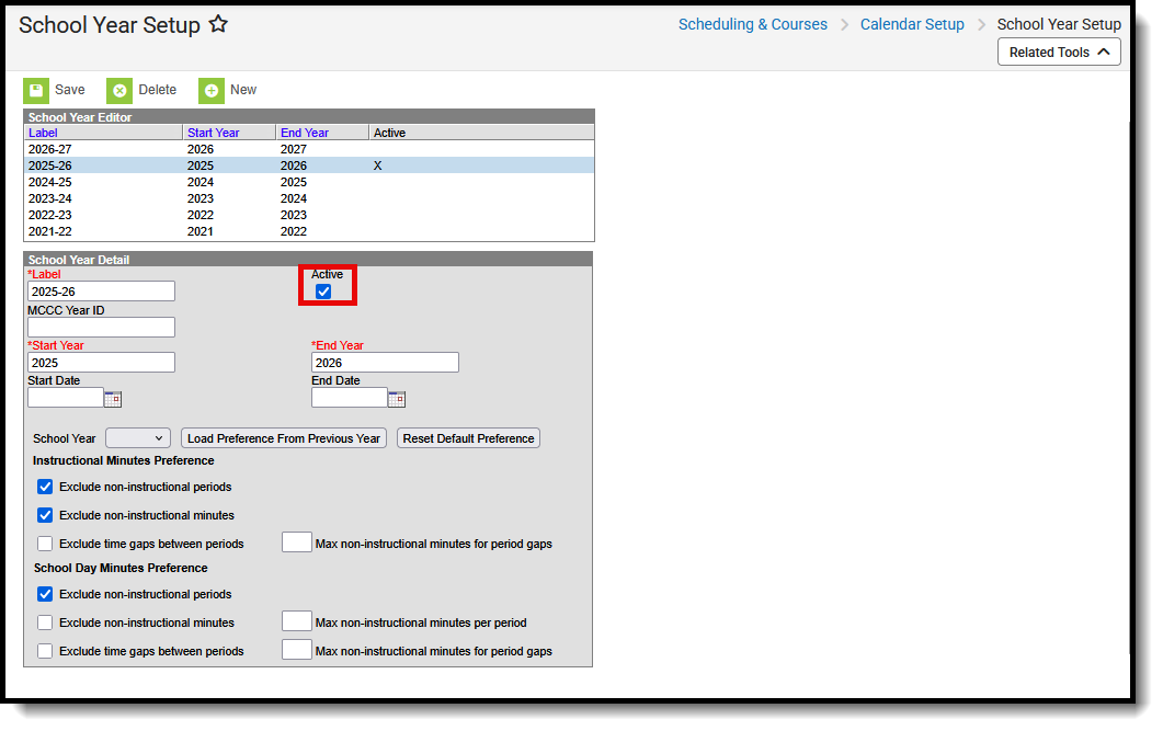 Screenshot of the School Year Setup tool, with the Active checkbox marked on the 2025-26 school year. 