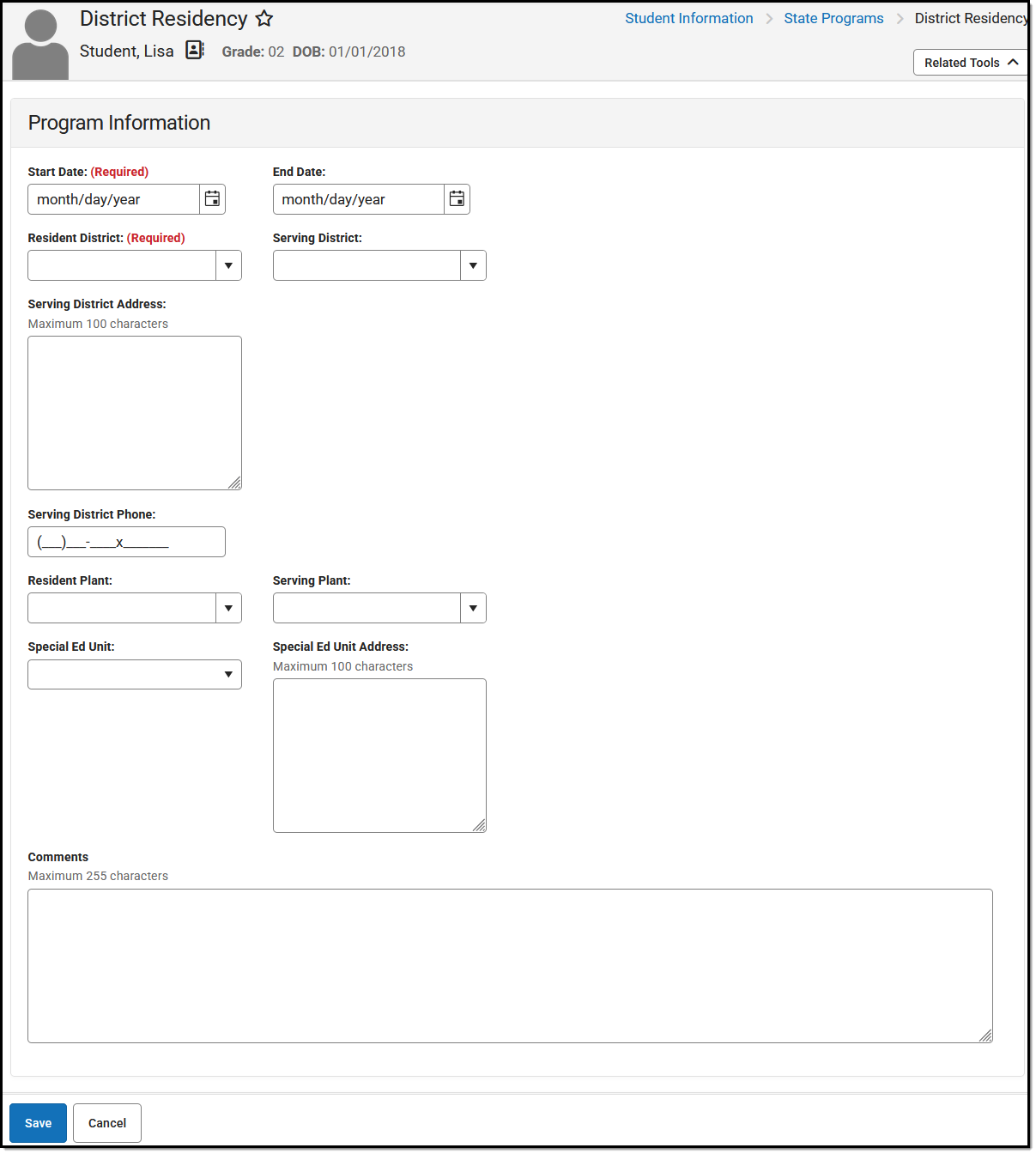 Screenshot of the District Residency Program Information editor.