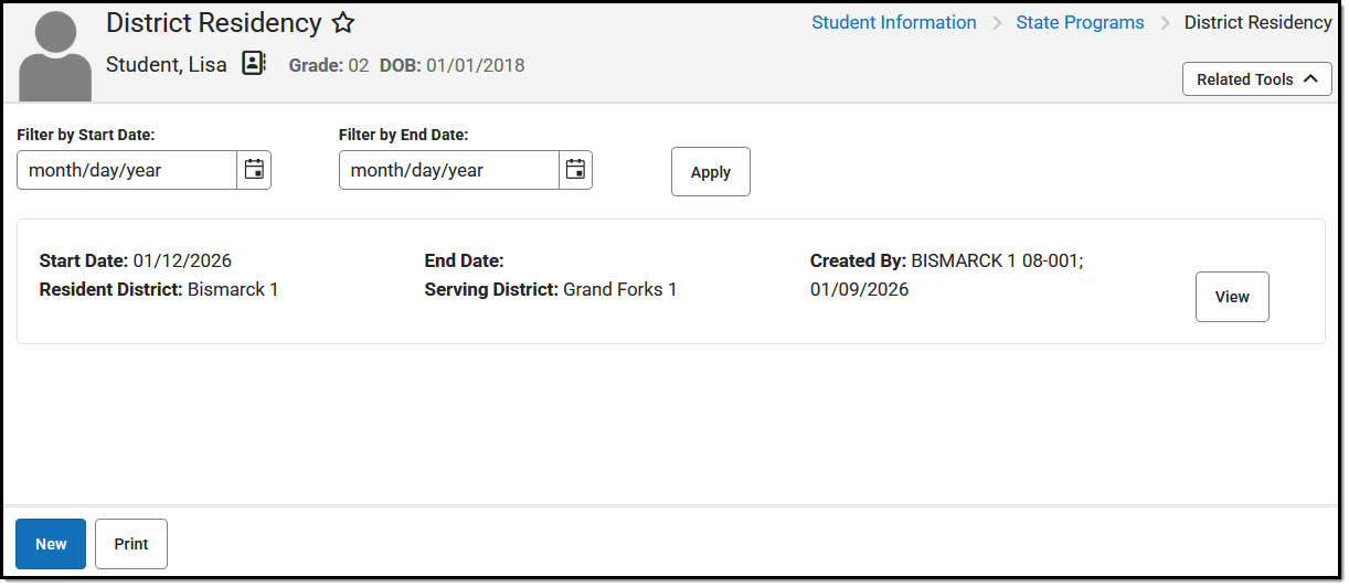 Screenshot of the District Residency list screen.
