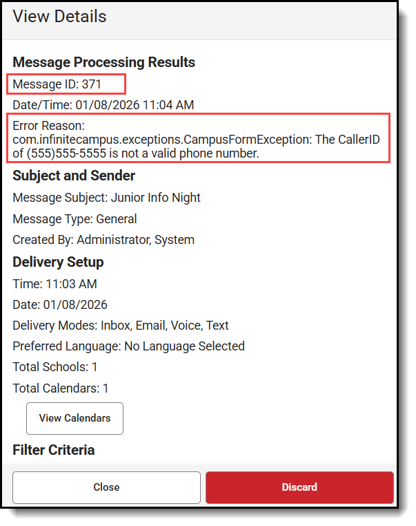 screenshot of message id and error reason with view details of a message that failed.