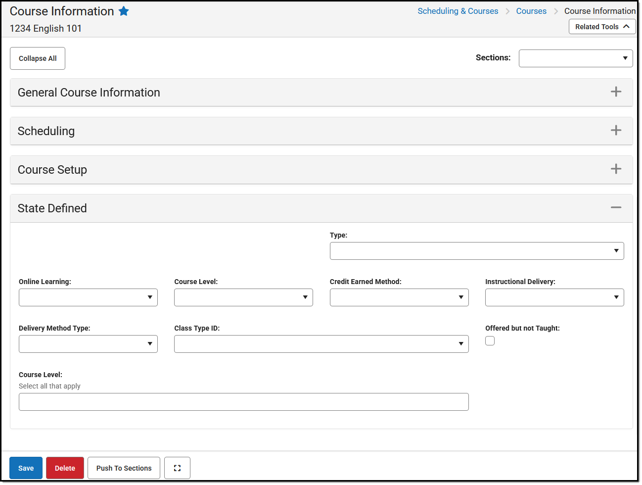 Screenshot of the Course Information editor showing the State Defined card for North Dakota districts. 