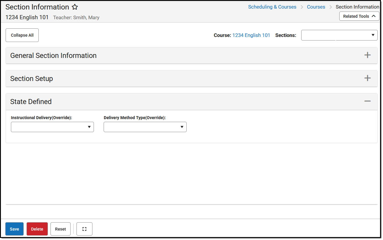 Screenshot of the Course Section Editor for Oregon, with specific fields highlighted.
