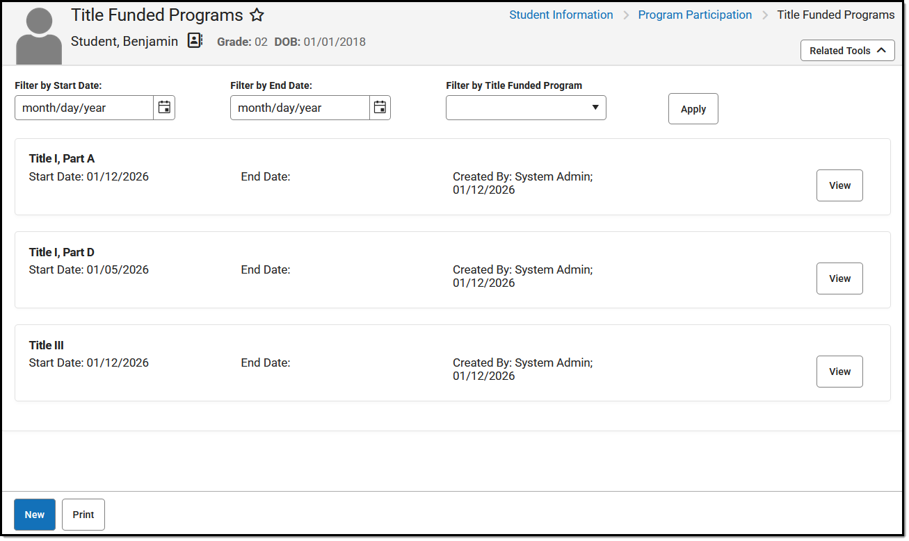 Screenshot of the Title Funded Programs tool.