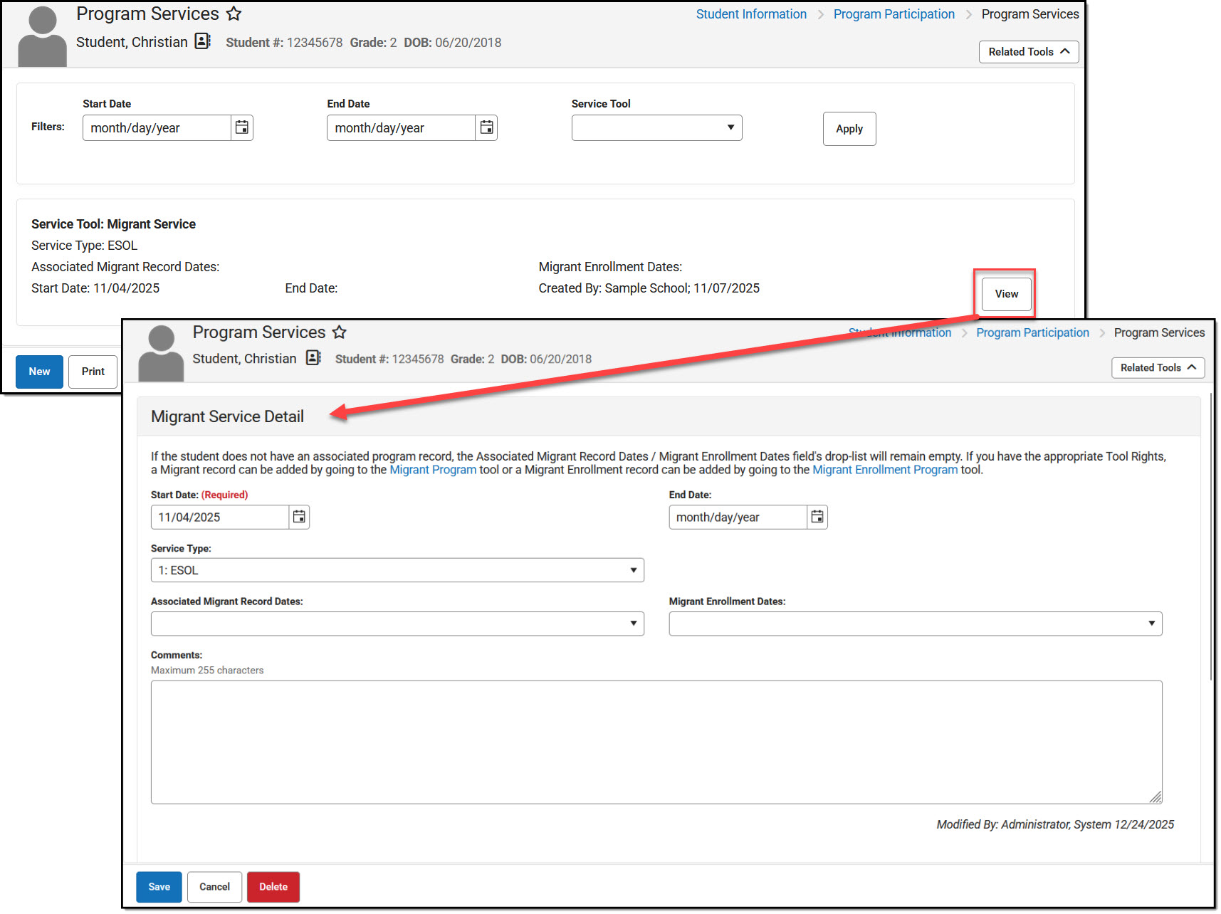Screenshot of an example of Program Services view of Migrant Service Detail record.