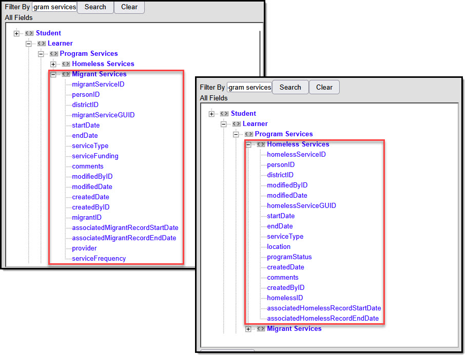 Screenshot of available ad hoc fields in Program Services.