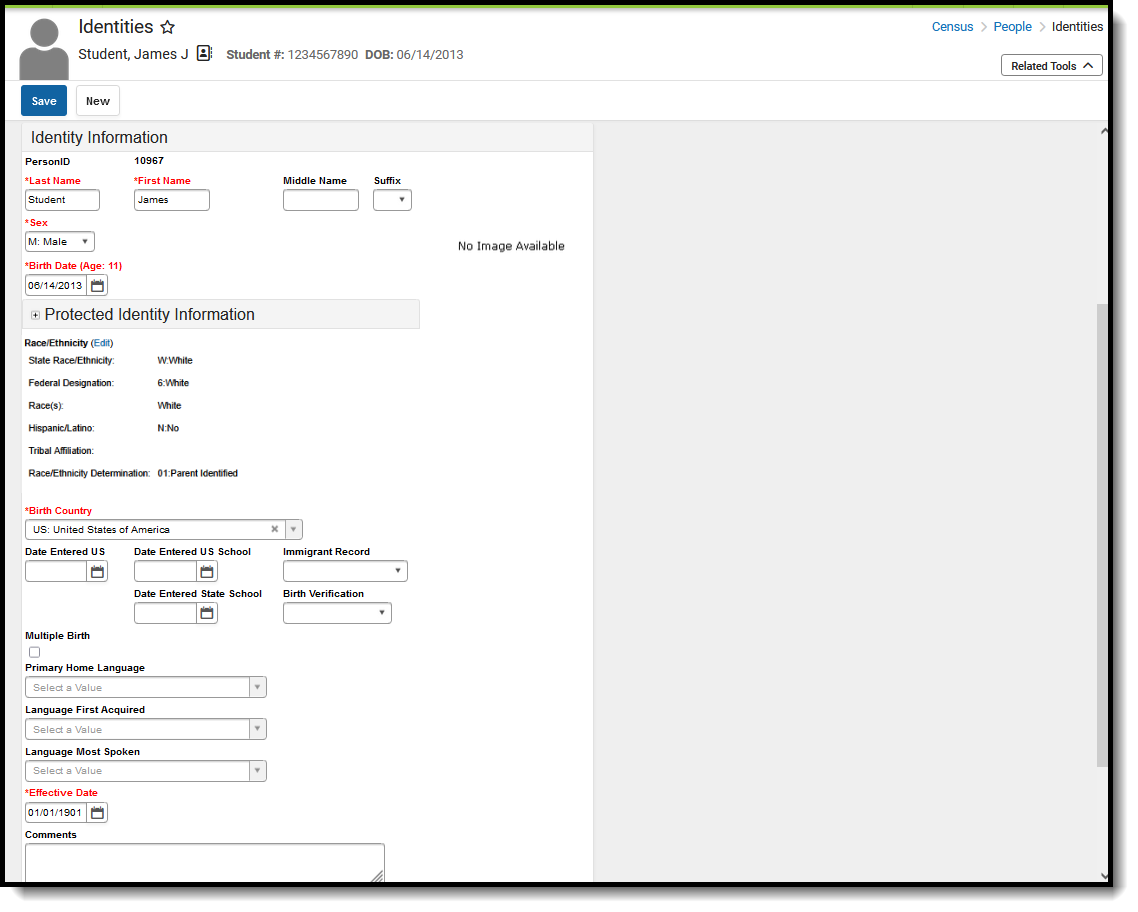 Screenshot of the Identities editor, located at Census, People.