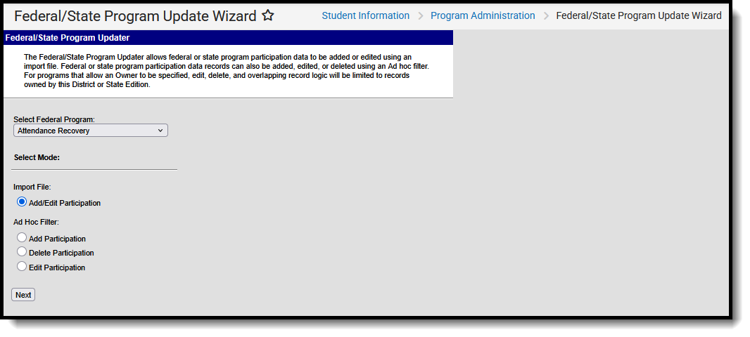 Screenshot of the Federal/State Program Update Wizard