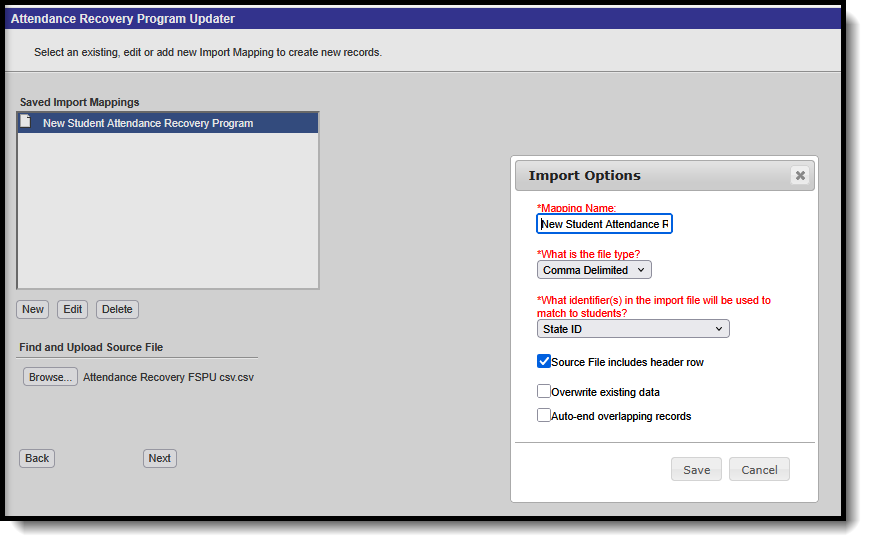 Screenshot of the Saved Import Mappings window and the Import Options modal. 