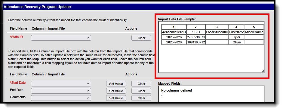 Screenshot of the FSPU mapping tool with the Import Data File Sample highlighted