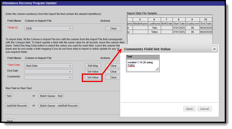 Screenshot of how to set a value for a field not included in the source file.