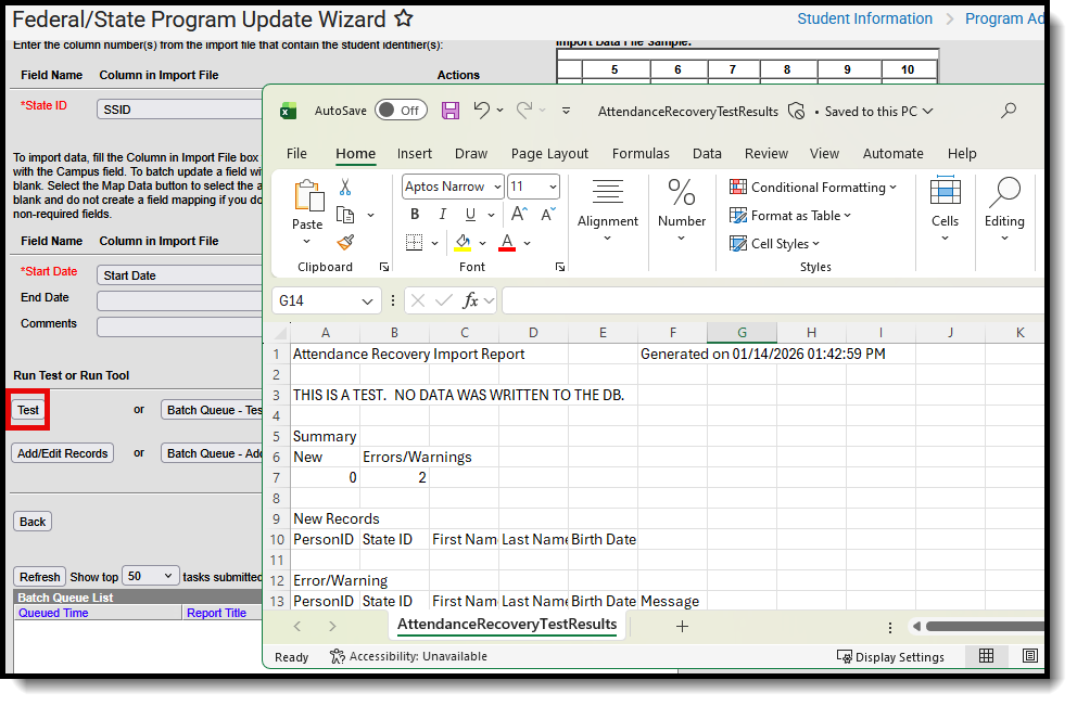 Screenshot of the downlowed test file showing no new records but two warnings. 