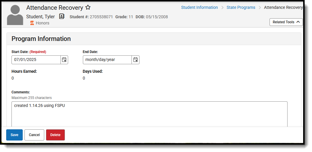 Screenshot of the Attendance Recovery Program record added through FSPU