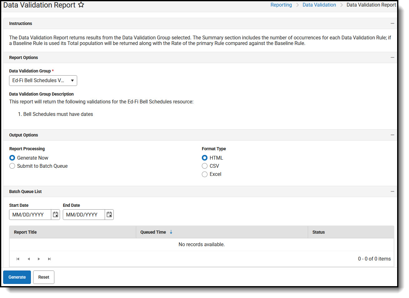 Screenshot of Data Validation Report.