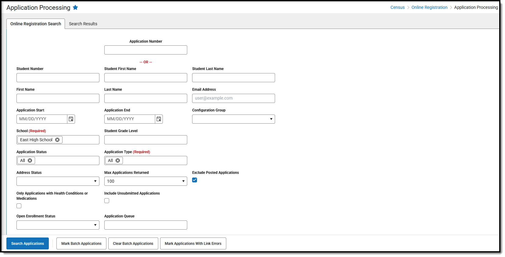 Screenshot of the Application Processing tool. 