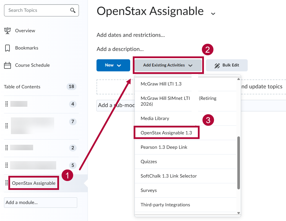 OpenStax Assignable selected in the D2L Content table of contents, with an arrow pointing to the Add Existing Activities button and the OpenStax Assignable 1.3 option highlighted in the dropdown menu.