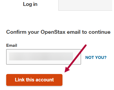 OpenStax login screen prompting you to confirm your email address, with a Link this account button highlighted by an arrow.