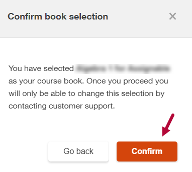 Confirm book selection dialog showing the selected OpenStax course book and Go back and Confirm buttons, with an arrow pointing to Confirm.