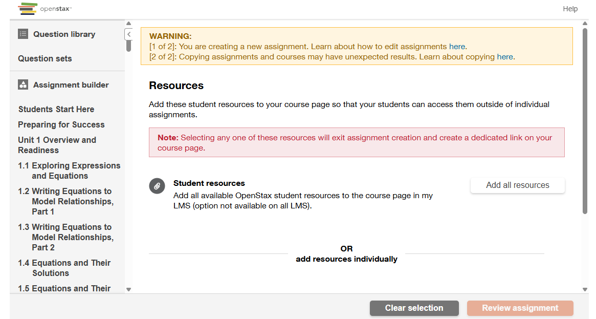 OpenStax Assignment Builder page showing the Resources section, with a warning message, options to add all student resources or add resources individually, and navigation links on the left.
