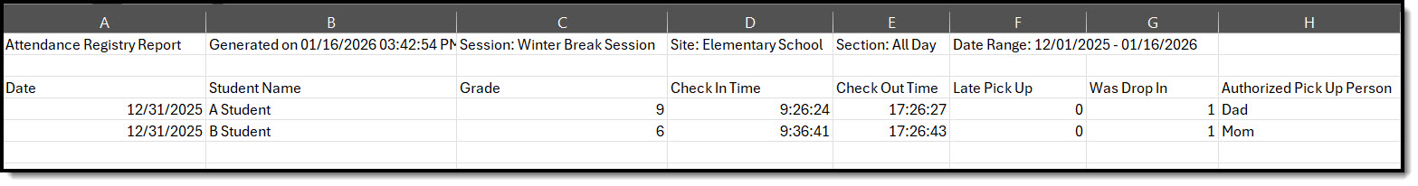 Screenshot of the Dependent Care Attendance Registry Report