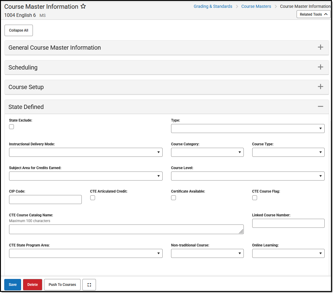 Screenshot of the Course Master Information editor showing the State Defined card for Nevada.