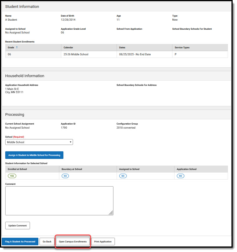 Screenshot of the OLR Student Information screen emphasizing the Open Campus Enrollments button. 