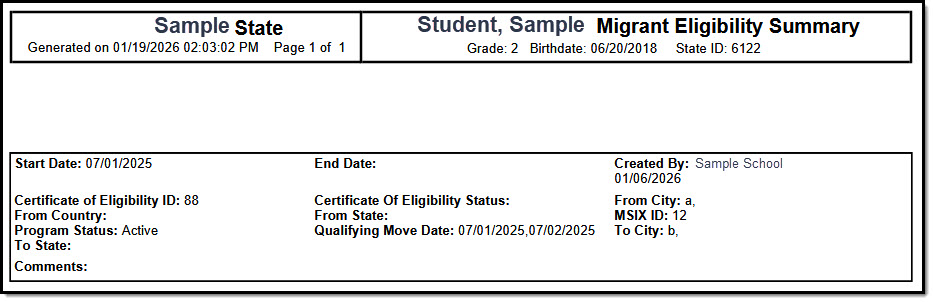 Screenshot of an example migrant print summary.