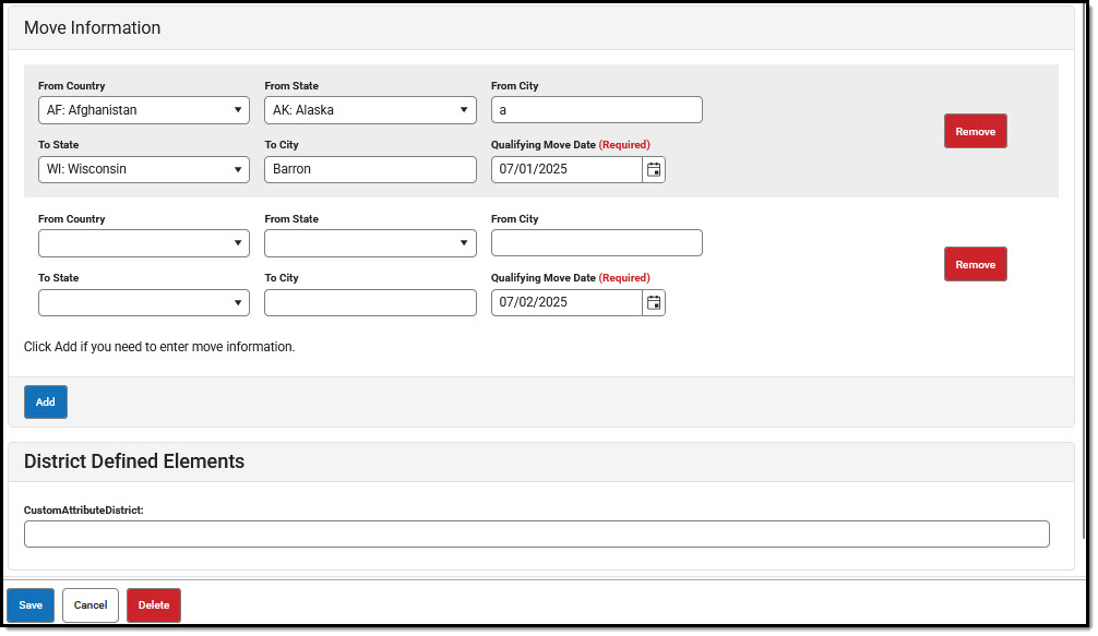 Screenshot of Move Information editor with district defined elements.