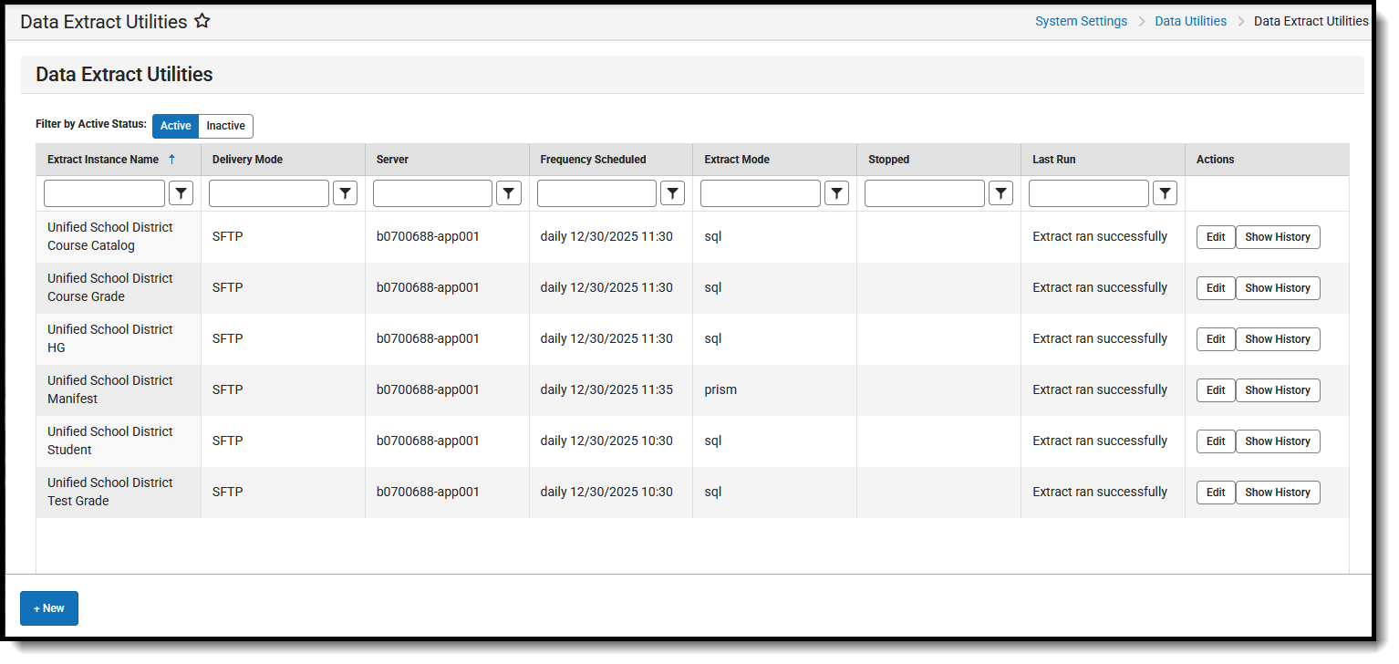 Screenshot of the Data Extract Uility listing the available active CCGI extracts. 