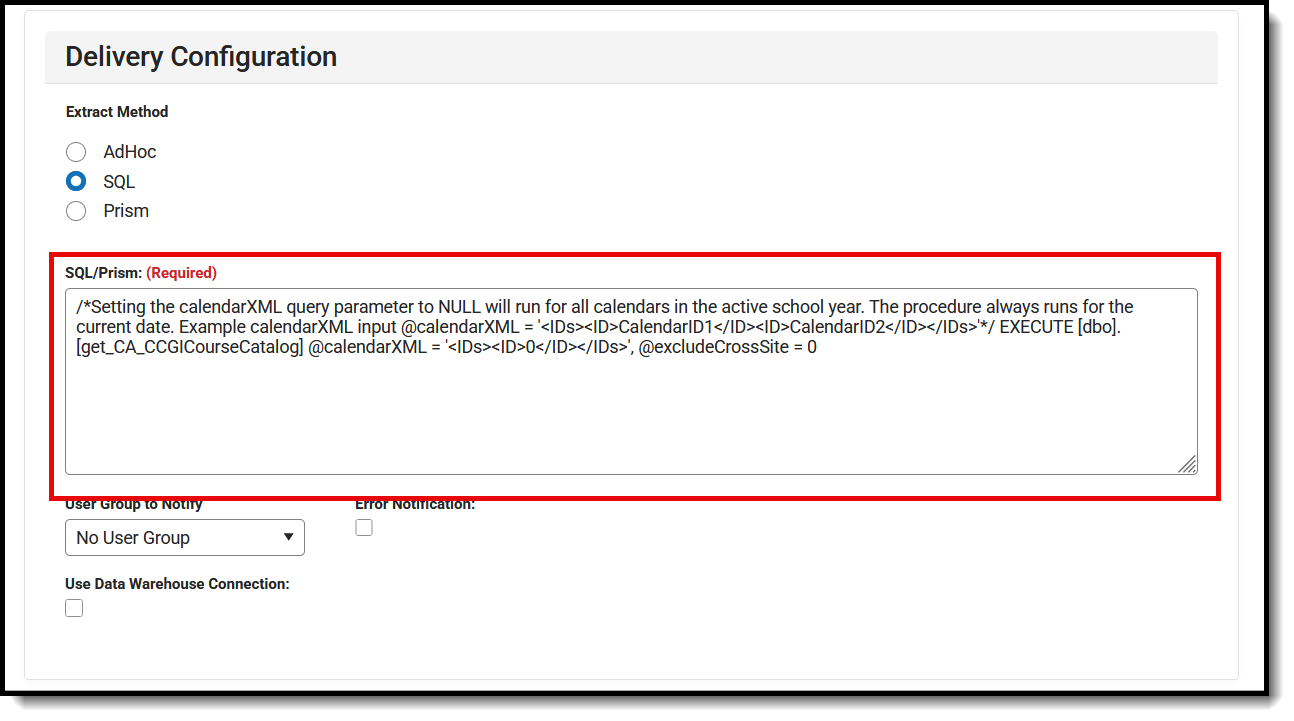 Screenshot of the SQL/Prism call for the CCGI extracts. 