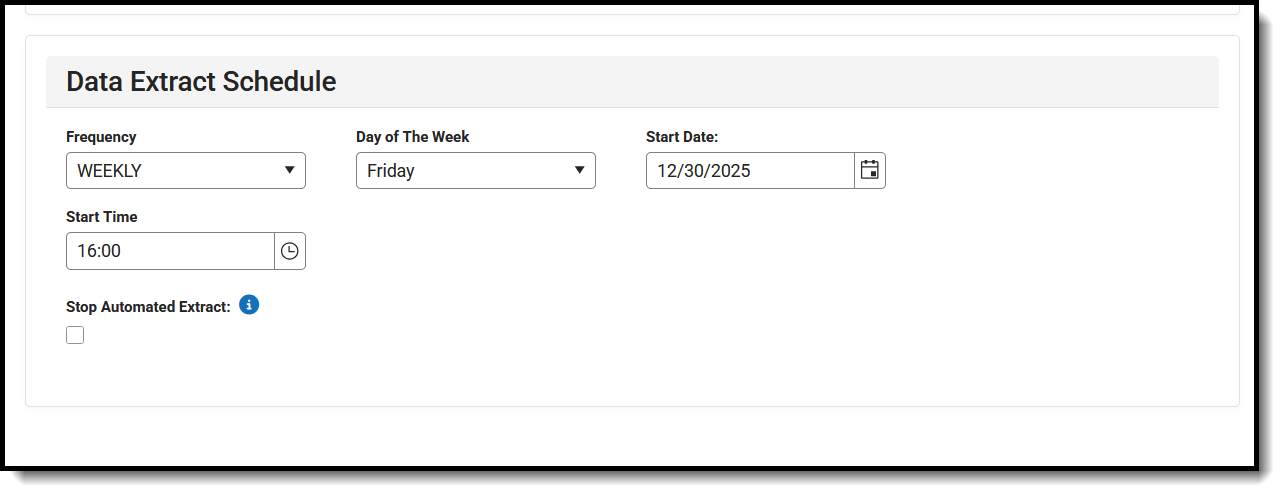 Screenshot of the Data Extract Schedule settings. 