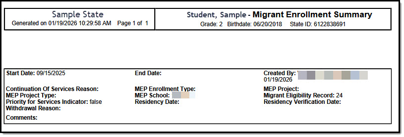 Screenshot of an example migrant print summary.