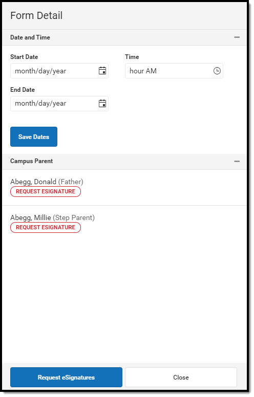 Screenshot of the Form Detail Side panel, where users can view details of a form and request electronic signatures.