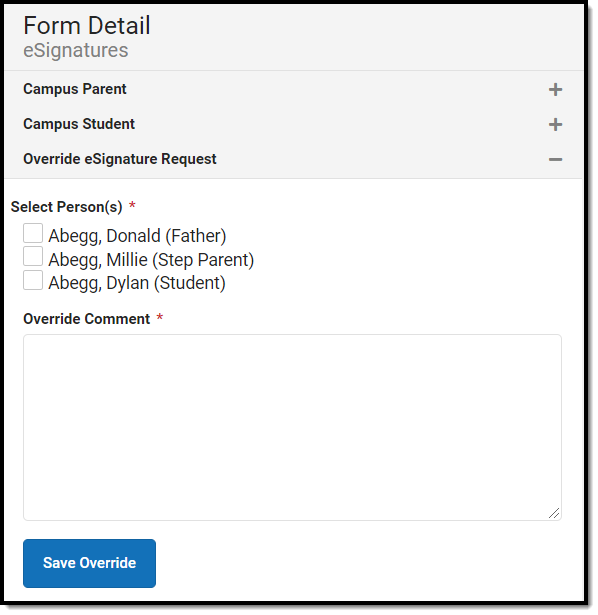 Screenshot of the Override eSignature Request section of the form detail side panel.