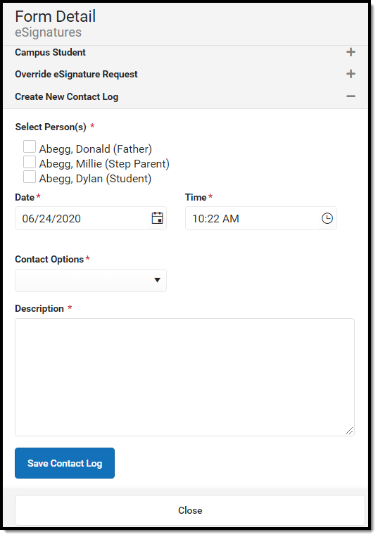 Screenshot of the create new contact log record section of the form deatil side panel.