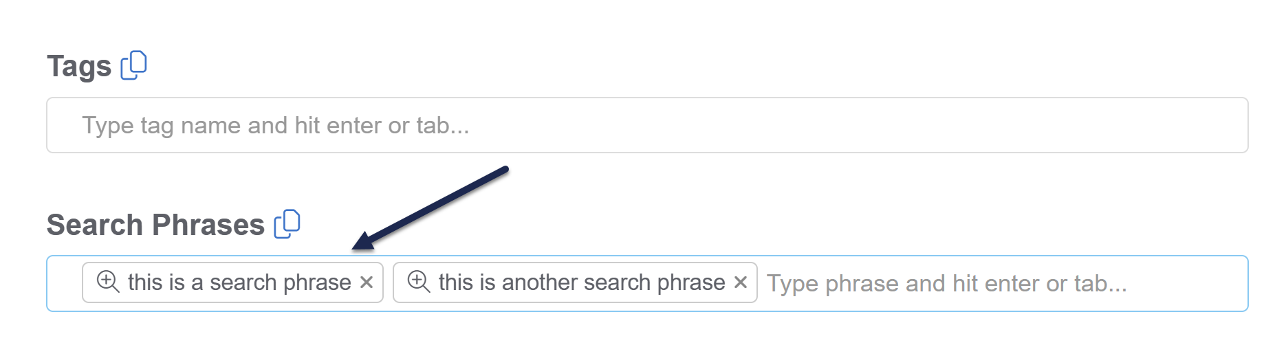 The article editor. An arrow points to the Search Phrases section. Two search phrases have been entered.