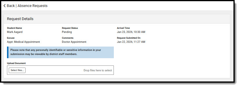 Screenshot of the Request Details screen with an option to upload a document.