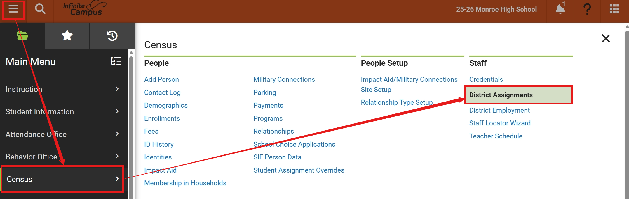 menu navigation to district assignment