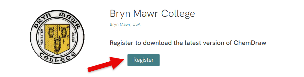 screenshot of the chemdraw registration page with an arrow pointing to a button titled "register"
